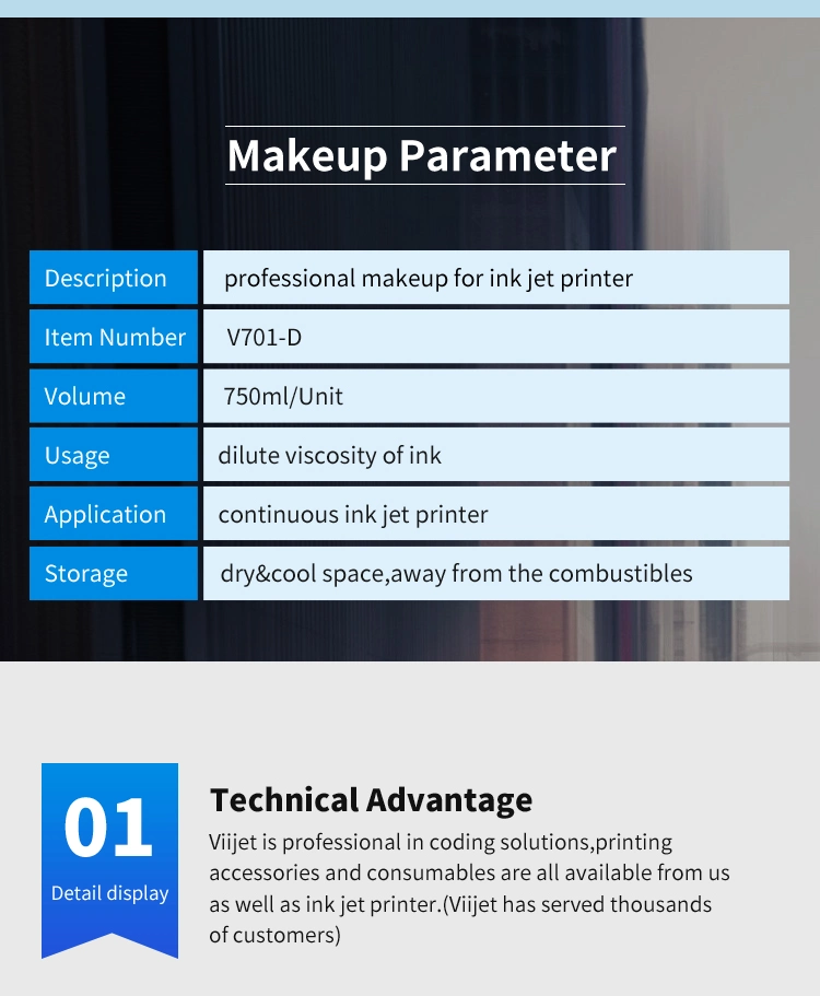 Compatible Videojet Makeup/Ink/Cleaning Solution V701/V705/V706 for Use in Videojet Coding Machine; Inkjet Printer Consumables